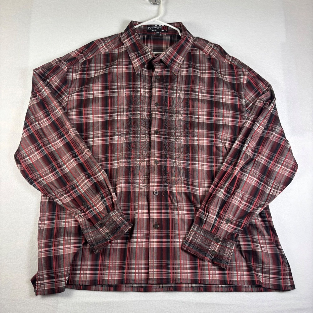 Royal Prestige Mens 4XL Plaid Button Down Shirt Red Black Embroidered Long Sleev
